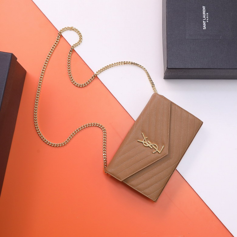 Saint Laurent Monogram Envelope Chain Wallet in Camel Grain de Poudre Leather