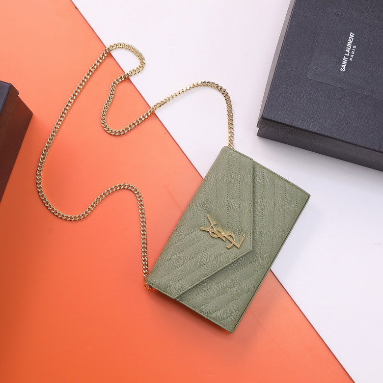 Saint Laurent Monogram Envelope Chain Wallet in Sage Green Textured Leather