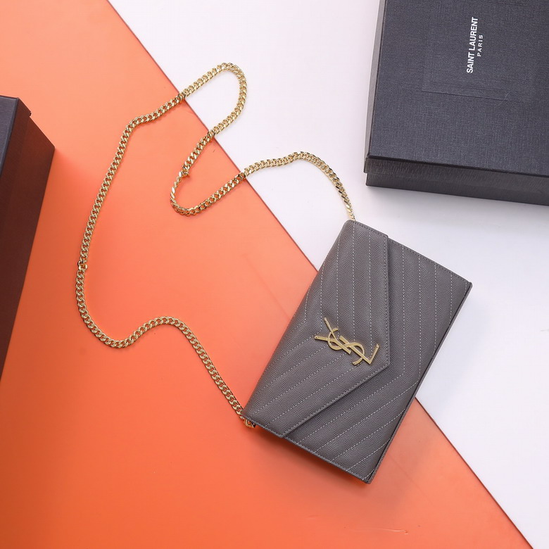 Saint Laurent Monogram Envelope Chain Wallet in Grey Grained Leather