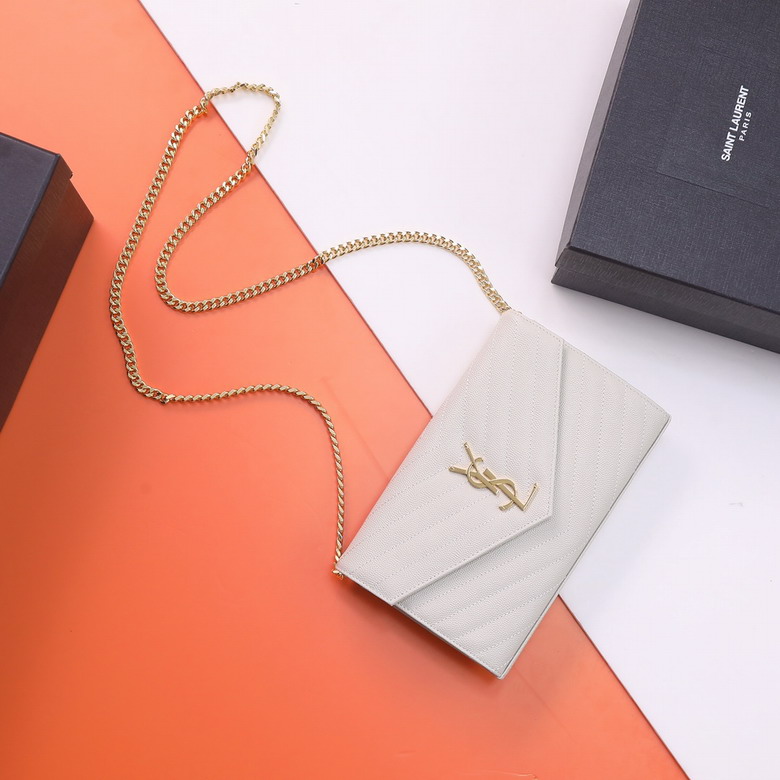 Saint Laurent Monogram Envelope Chain Wallet in White Textured Leather