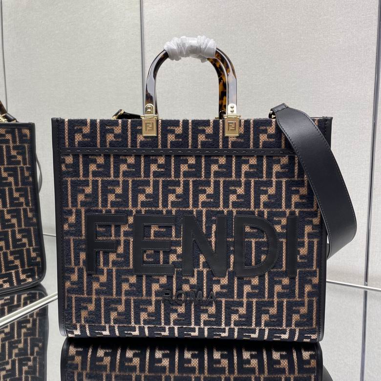 Fendi Sunshine Medium Tote Bag in Black and Brown FF Jacquard Fabric