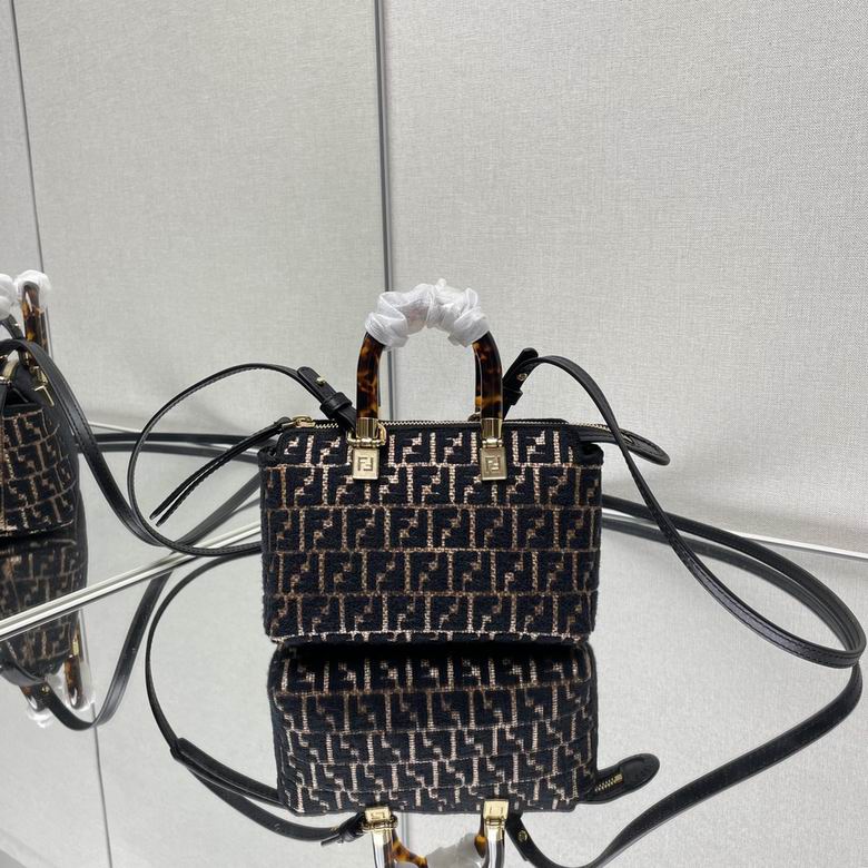 Fendi By The Way Mini Top-Handle Bag in Black FF Jacquard with Tortoiseshell Handles