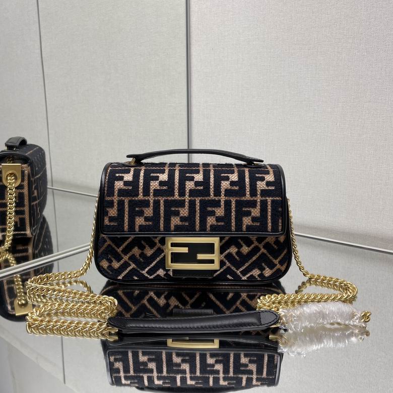 Fendi Baguette Chain Shoulder Bag in Black and Tan FF Jacquard Fabric