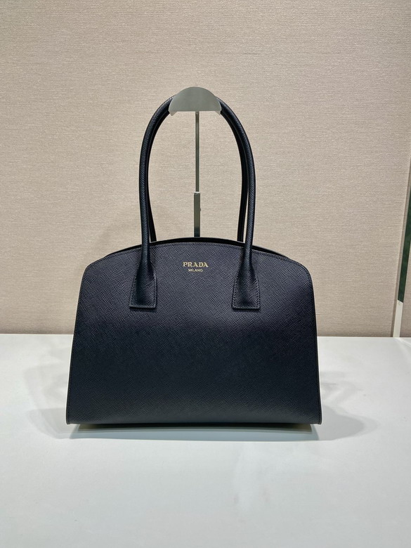 Prada Top-Handle Tote Bag in Black Saffiano Leather with Gold Lettering