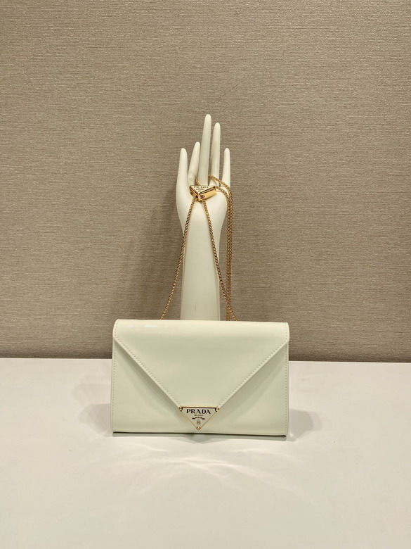 Prada Envelope Chain Shoulder Bag in Ivory Leather with Gold Triangle Logo