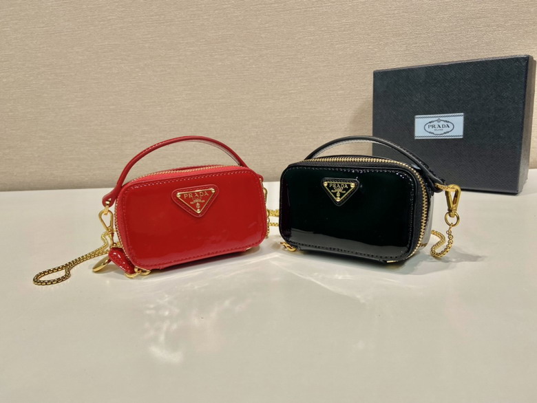 Prada Mini Patent Leather Pouch Bag with Top Handle and Chain in Red or Black