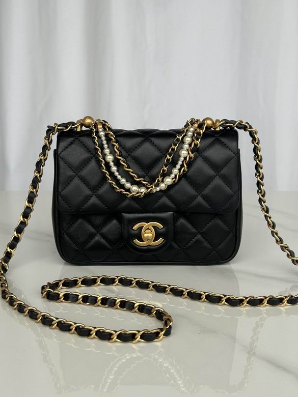 Chanel Mini Flap Bag with Pearl Chain Top Handle in Black Quilted Leather