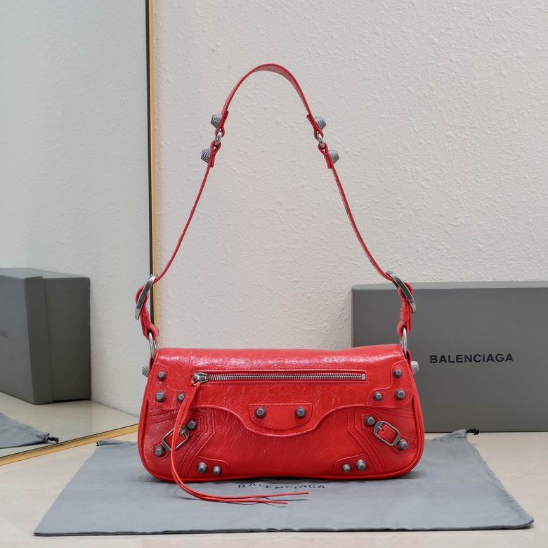 Balenciaga Le Cagole Small Shoulder Bag in Red Crinkled Leather with Studs