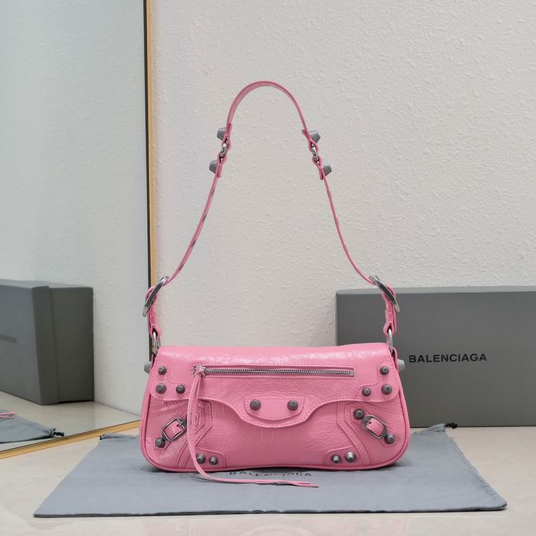 Balenciaga Le Cagole Shoulder Bag in Pink Crinkled Leather with Studs