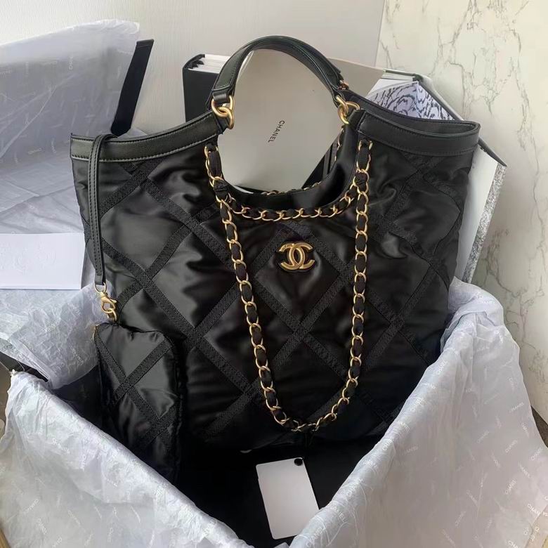 Chanel Quilted Nylon Tote Bag with Chain Straps and Pouch in Black