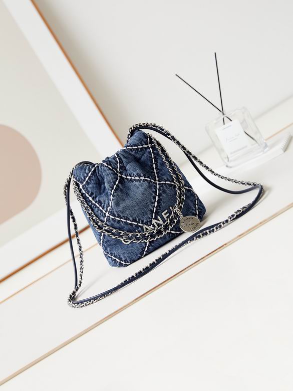 Chanel 22 Mini Drawstring Bucket Bag in Blue Denim with Contrast Stitching