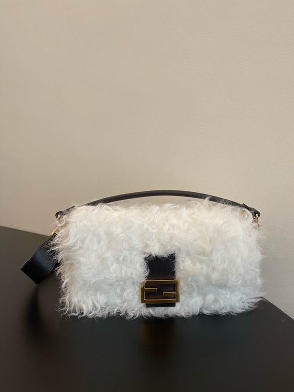 Fendi Baguette Medium Shoulder Bag in White Shearling with Black Leather