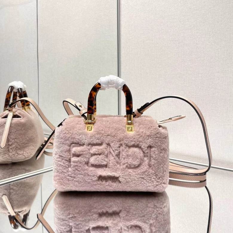 Fendi By The Way Mini Boston Bag in Pink Shearling with Tortoiseshell Handles