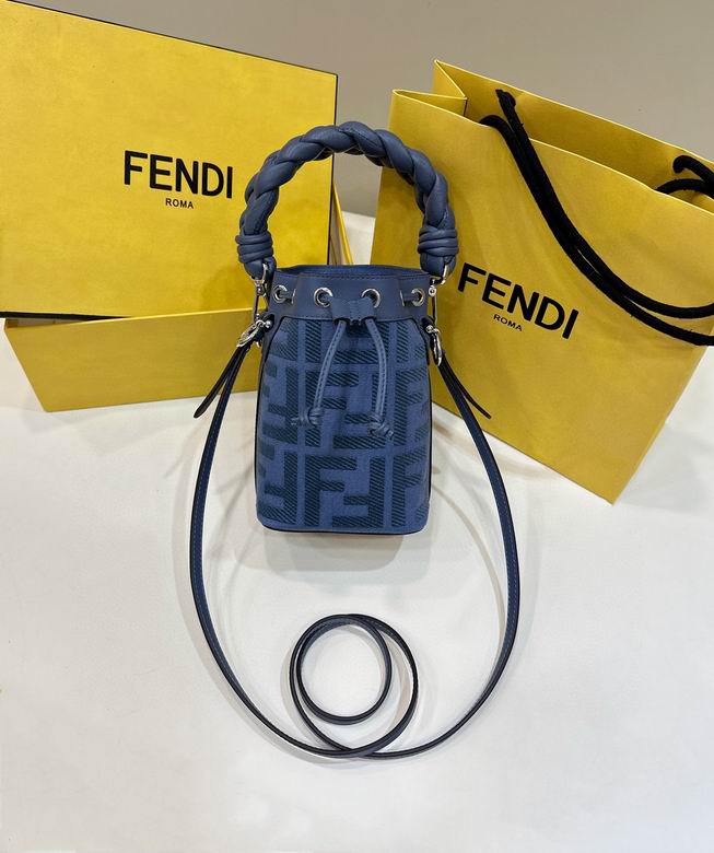 Fendi Mon Tresor Mini Bucket Bag in Blue FF Jacquard with Braided Handle