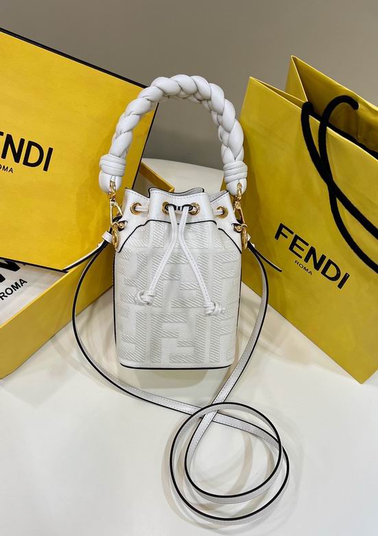 Fendi Mon Tresor Mini Drawstring Bucket Bag in White FF Fabric
