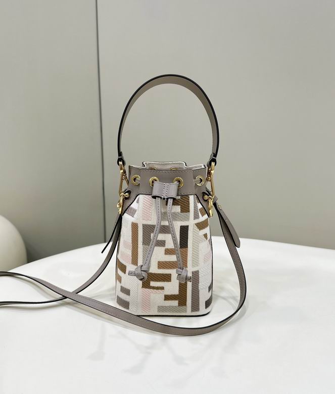 Fendi Mon Tresor Mini Bucket Bag in FF Jacquard Fabric with Taupe Leather