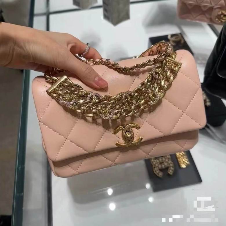 Chanel Quilted Flap Bag with Chunky Gold Chain Handle in Light Pink
