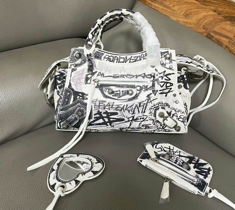 Balenciaga Neo Cagole Graffiti Top-Handle Bag in White and Black Leather