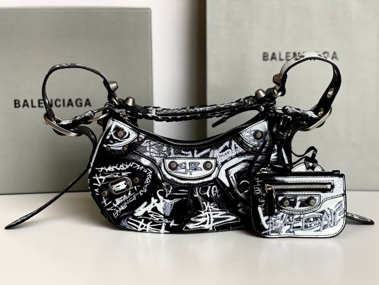 Balenciaga Le Cagole XS Shoulder Bag in Black and White Graffiti Leather