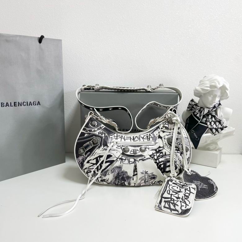 Balenciaga Le Cagole Shoulder Bag in White and Black Graffiti Print Leather