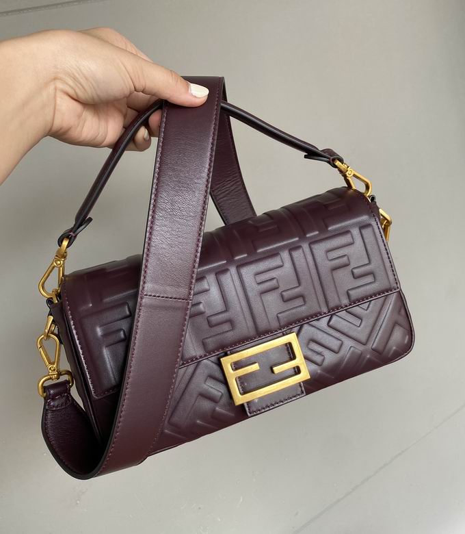 Fendi Baguette Medium Shoulder Bag in Burgundy FF Embossed Leather