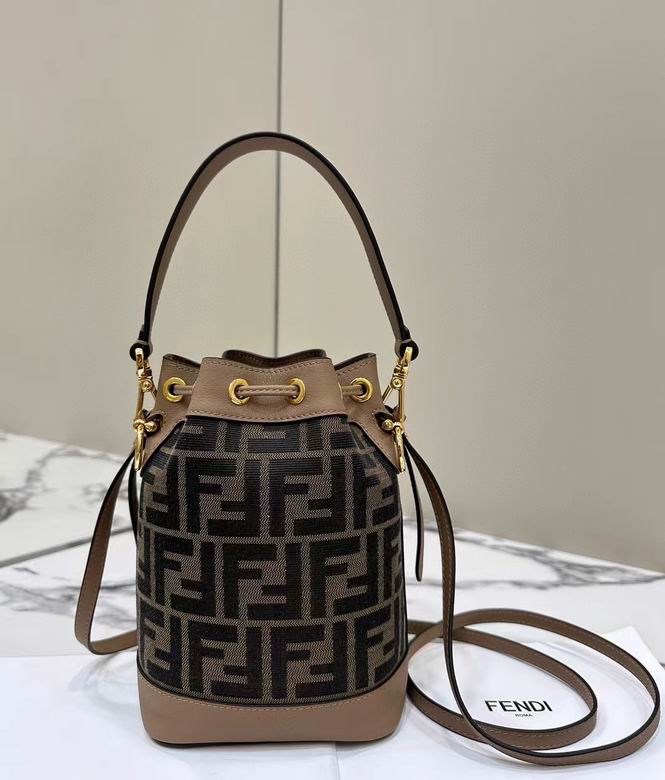 Fendi Mon Tresor Mini Bucket Bag in Brown FF Jacquard Fabric with Tan Leather