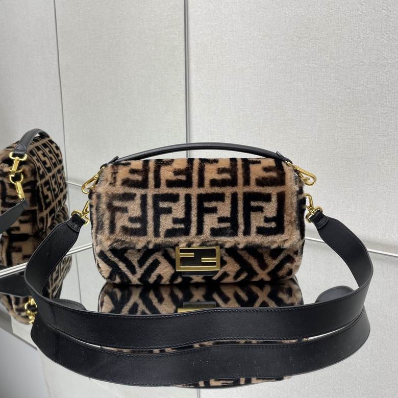 Fendi Baguette Medium FF Shearling Shoulder Bag in Tan and Black