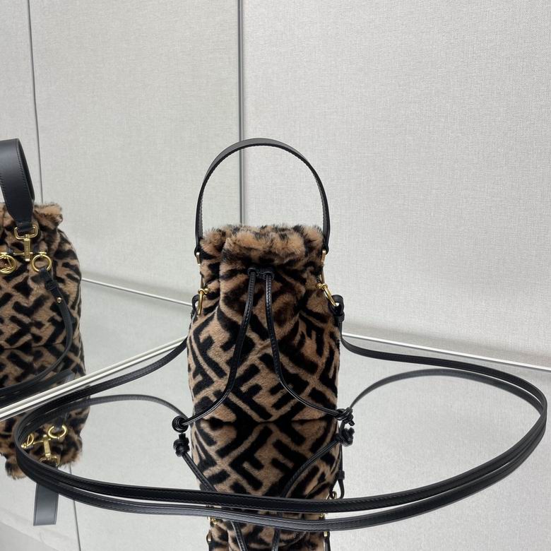 Fendi Mon Tresor Mini Bucket Bag in Brown FF Shearling with Black Leather