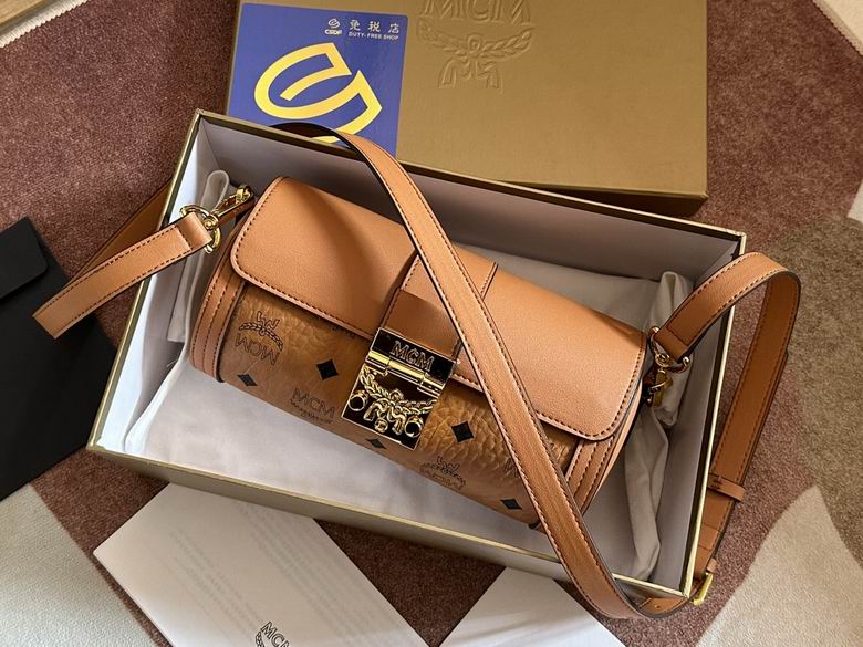 MCM Tracy Cylindrical Crossbody Bag in Cognac Visetos Canvas and Leather
