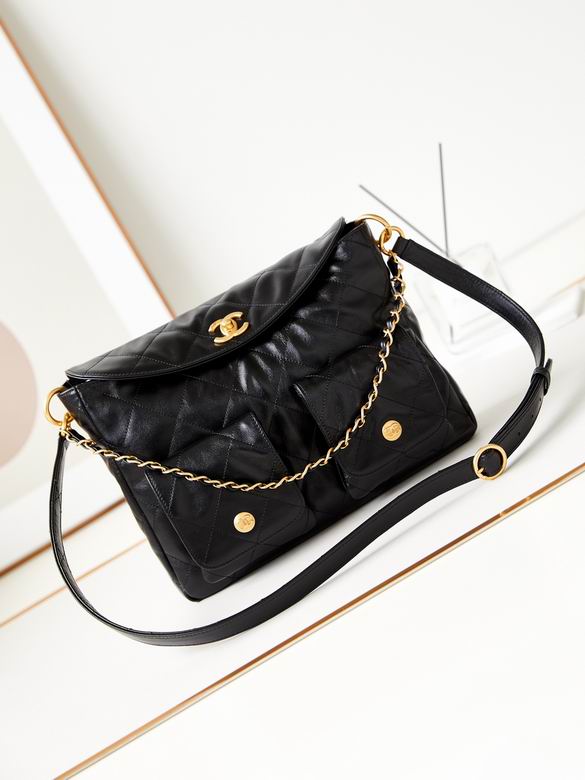 Chanel Quilted Hobo Bag with Front Pockets in Black Leather, Gold Hardware