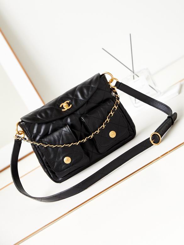 Chanel Quilted Hobo Bag with Front Pockets in Black Leather and Gold Hardware