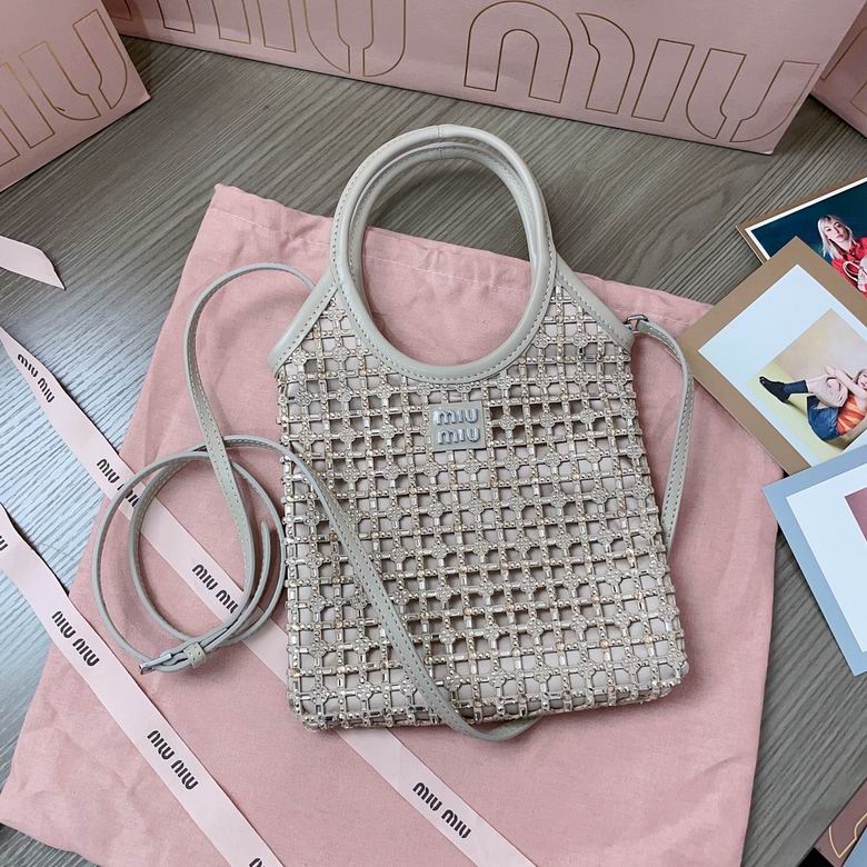 Miu Miu Ivy Mini Crystal-Embellished Tote Bag with Strap in Light Grey