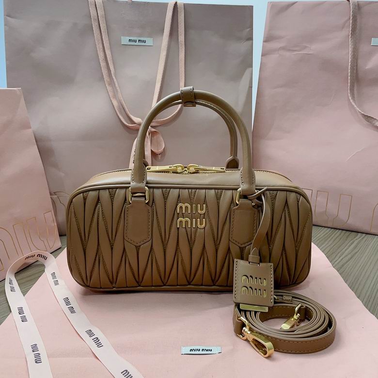 Miu Miu Arcadie Matelassé Bowling Top-Handle Bag in Camel Nappa Leather