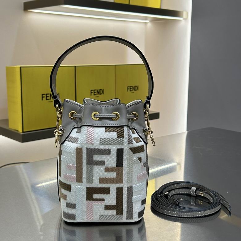 Fendi Mon Tresor Mini Bucket Bag in FF Embroidered Fabric, Gray Leather Trim