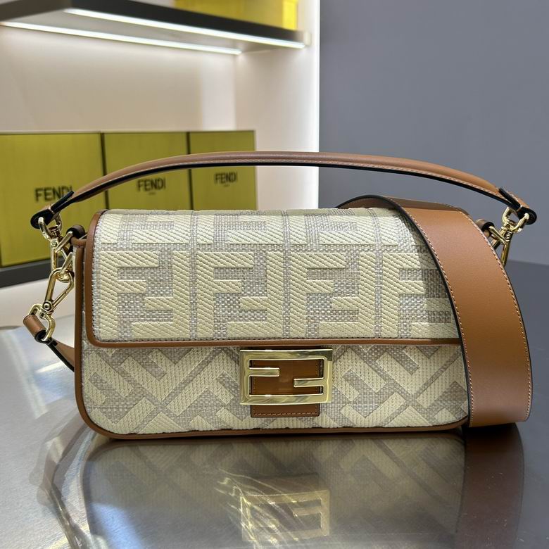 Fendi Baguette Medium Shoulder Bag in Beige FF Fabric with Tan Leather Trim