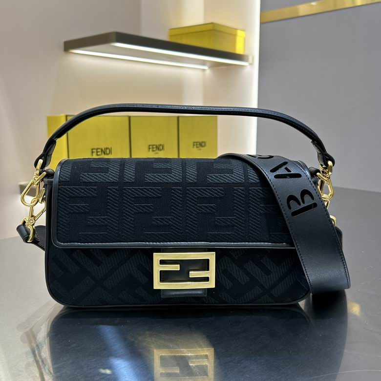Fendi Baguette Medium Shoulder Bag in Black FF Jacquard with Gold Hardware