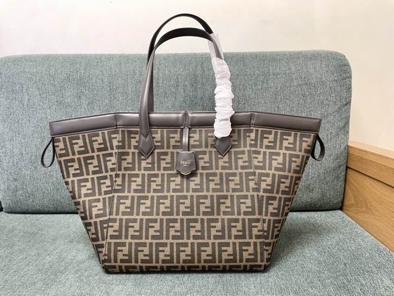 Fendi Origami Tote Bag in Brown FF Jacquard Fabric with Grey Leather Trim