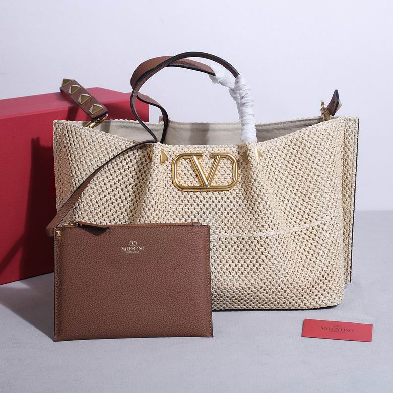 Valentino VLogo Signature Woven Tote Bag in Natural Raffia with Tan Leather