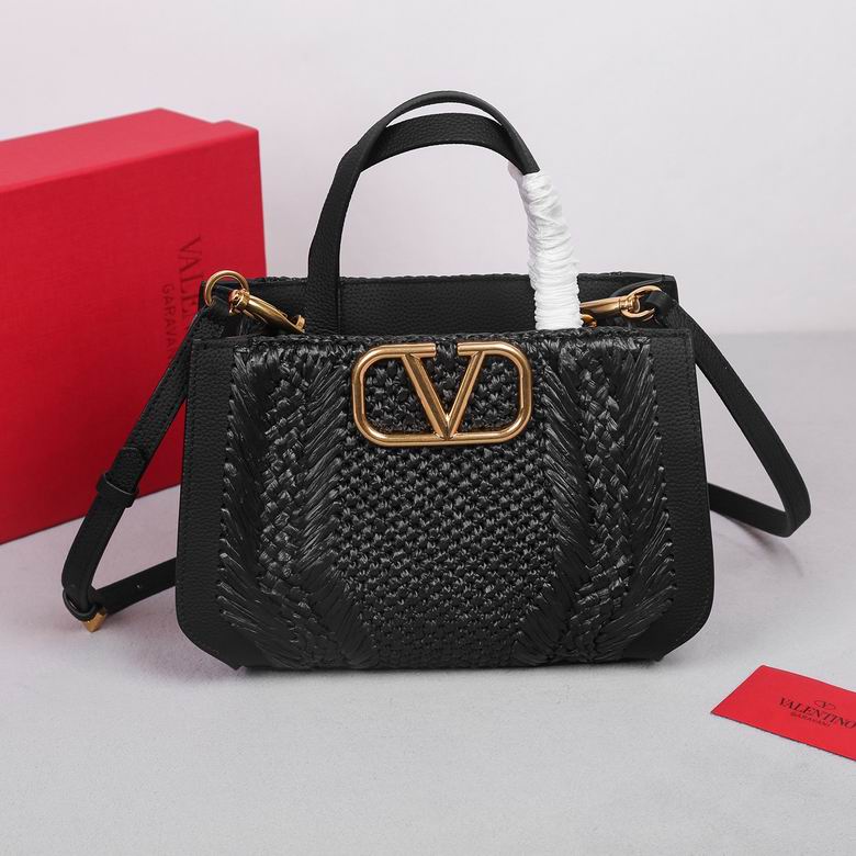 Valentino VLogo Signature Small Top-Handle Tote in Black Woven Raffia and Leather
