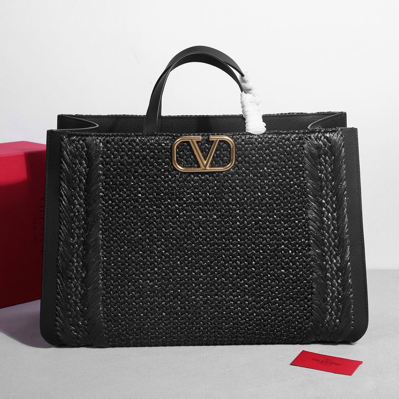 Valentino Garavani VLogo Signature Large Tote Bag in Black Woven Raffia