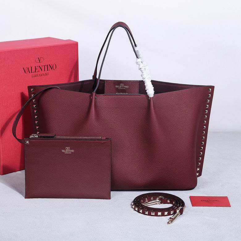 Valentino Garavani Rockstud Large Tote Bag in Burgundy Grained Leather