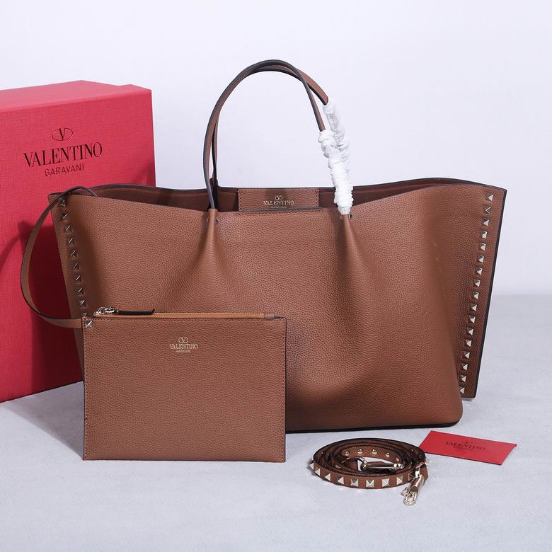 Valentino Garavani Rockstud Large Tote Bag with Zip Pouch in Tan Grained Leather