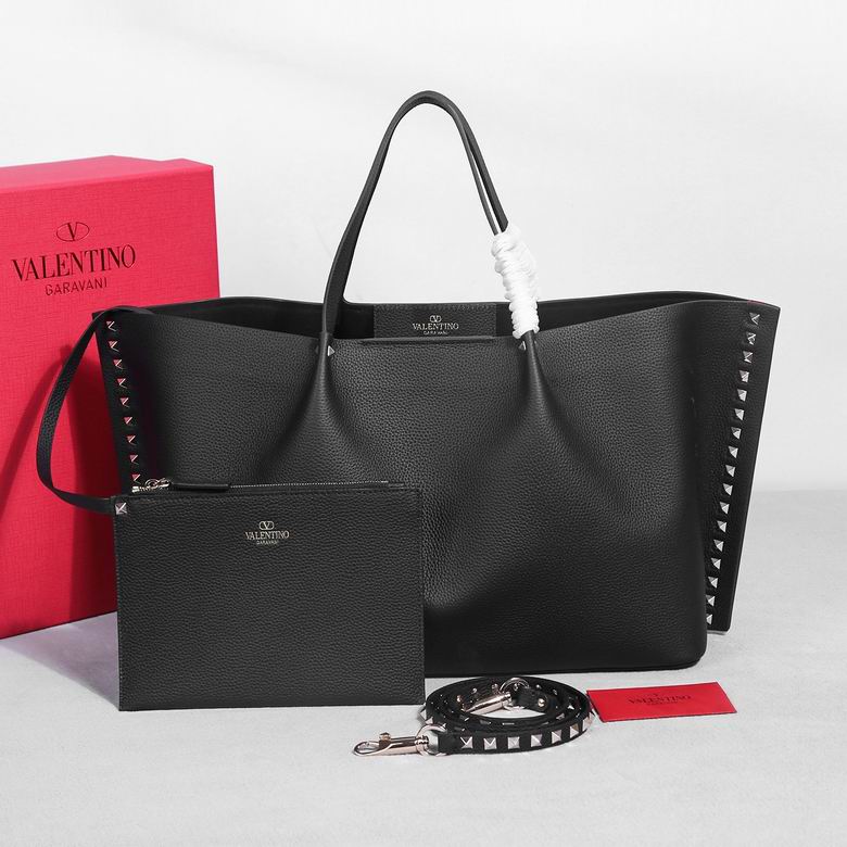 Valentino Garavani Rockstud Tote Bag with Zip Pouch in Black Grained Leather