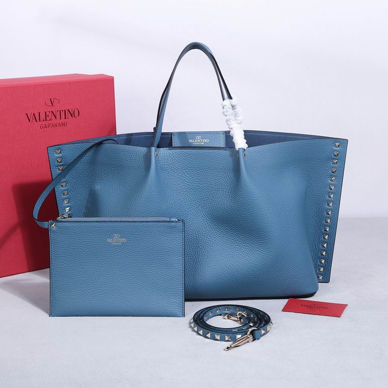 Valentino Garavani Rockstud Tote Bag with Zip Pouch in Blue Grained Leather