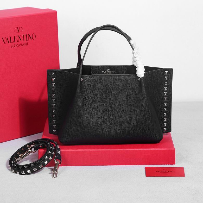 Valentino Garavani Rockstud Tote Bag with Studded Sides in Black Grained Leather