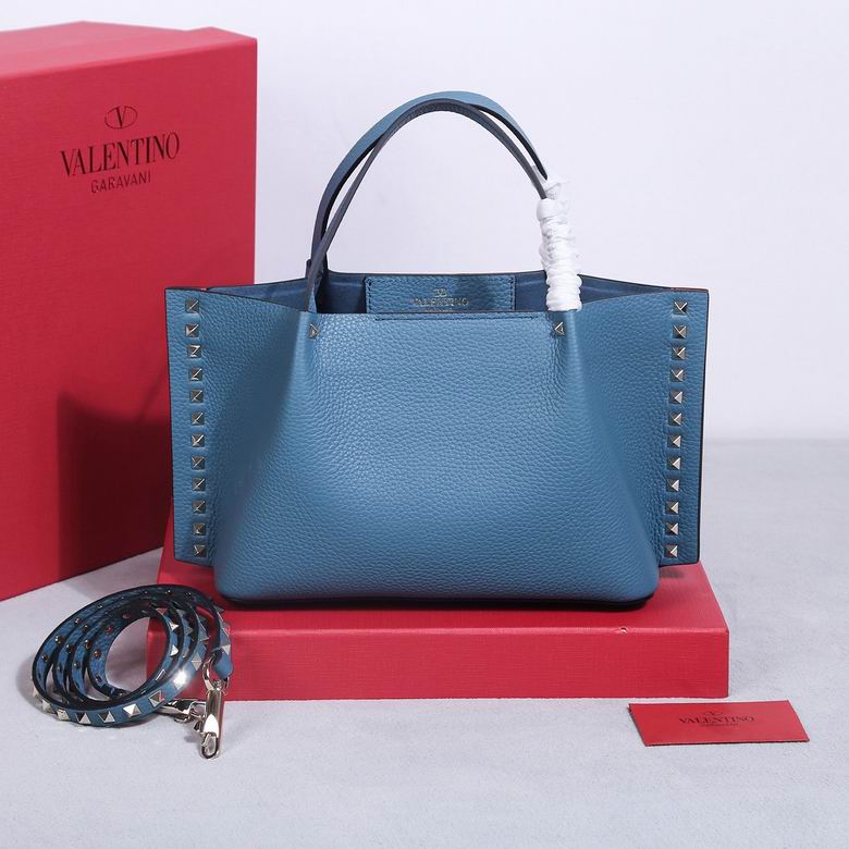 Valentino Rockstud Small Tote Bag in Blue Grained Leather with Studded Strap