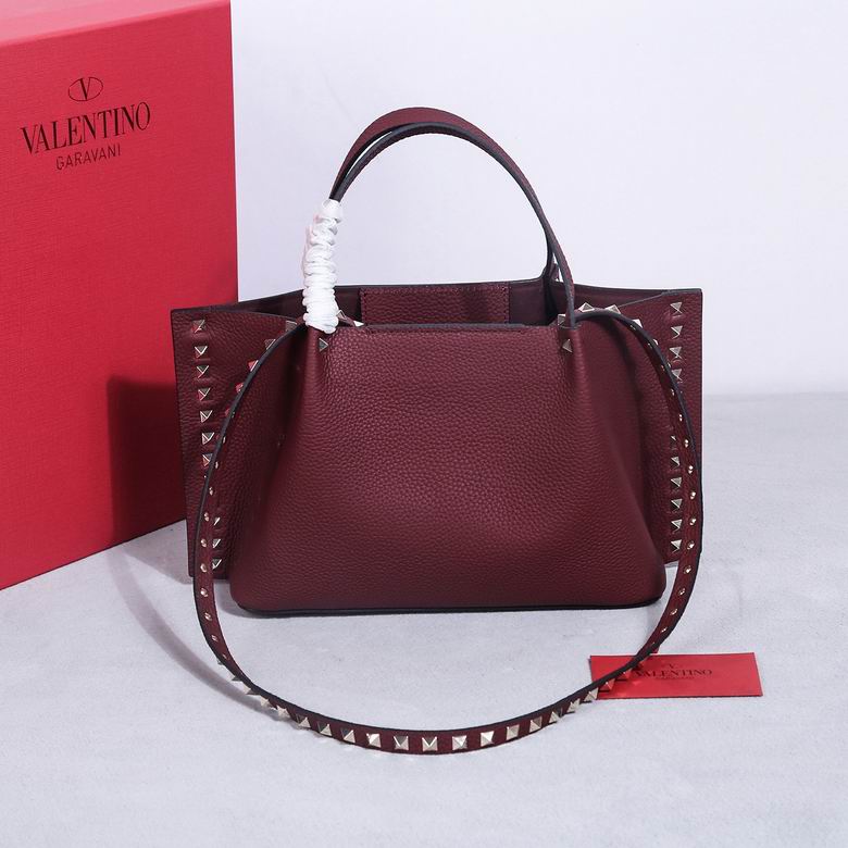 Valentino Rockstud Tote Bag with Studded Strap in Burgundy Grained Leather