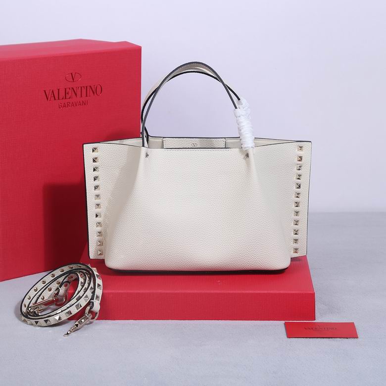 Valentino Rockstud Tote Bag in Ivory Grained Leather with Studded Sides