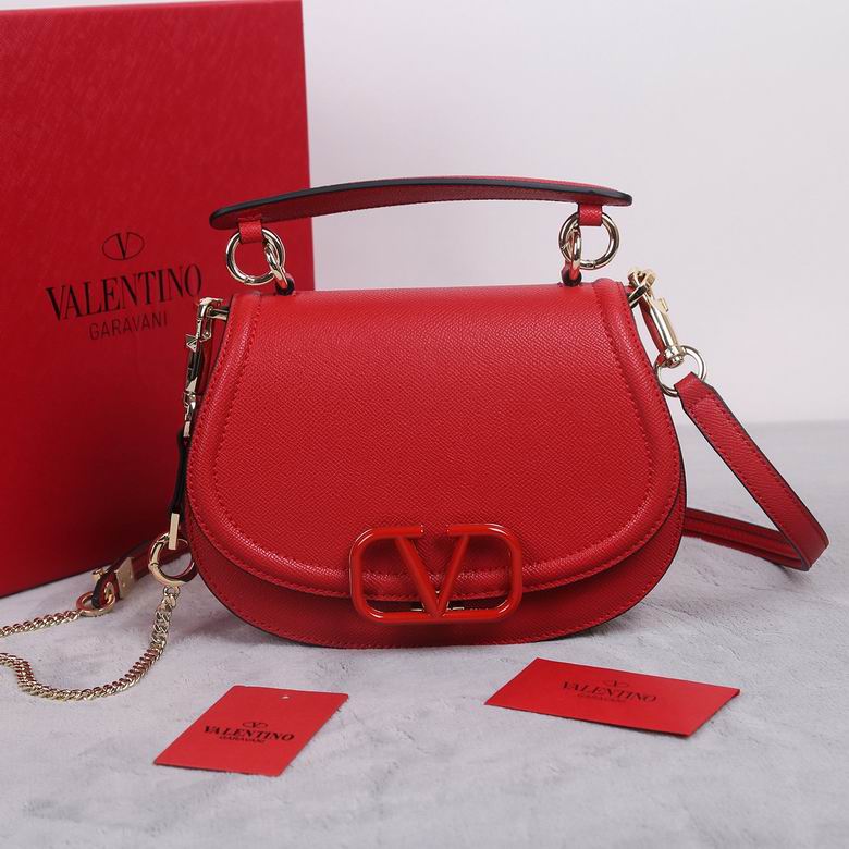 Valentino Garavani VSling Top-Handle Saddle Bag in Red Grained Leather