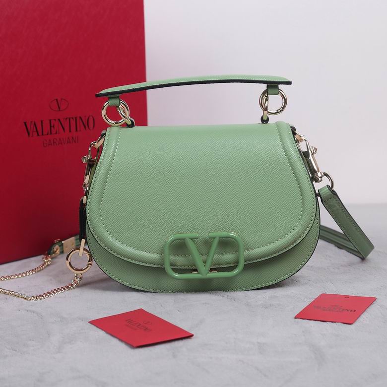 Valentino Garavani VSling Top-Handle Saddle Bag in Sage Green Grained Leather